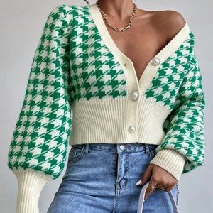 Houndstooth Print Button Down Bishop Sleeve Knit sweater Cardigan Green